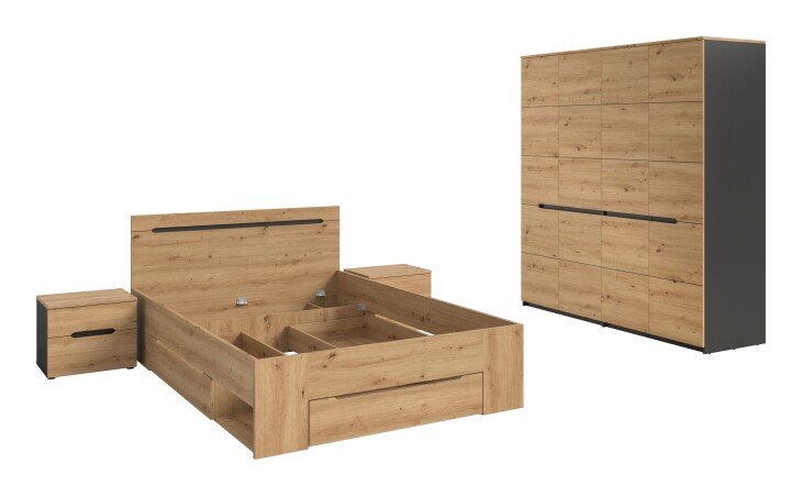 Schlafzimmer-Set >Canu< 4tlg. in Basalt Grau / Artisan