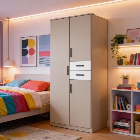 Drehtürenschrank >BAHAMAS< in SAHARAGRAU + WEISS - 90x198x58cm (BxHxT)