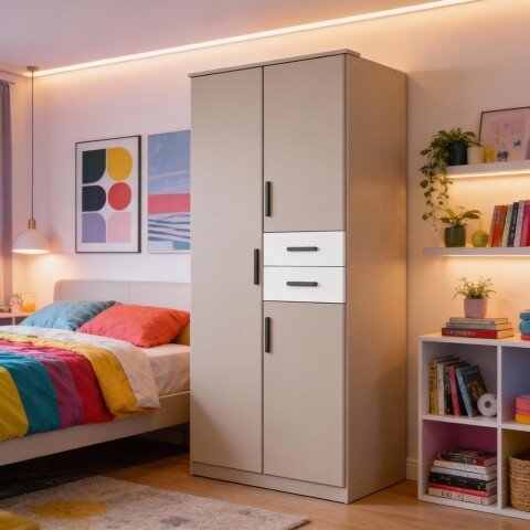 Drehtürenschrank >BAHAMAS< in SAHARAGRAU + WEISS - 90x198x58cm (BxHxT)