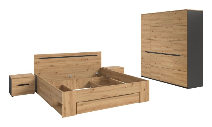 Schlafzimmer-Set >Canu< 4tlg. in Basalt Grau / Artisan