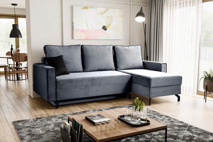 Ecksofa >Marti< in blau-grau, Cord - 230x89x148cm (BxHxT)