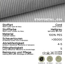 Ecksofa >Marti< in hellgrau, Cord - 230x89x148cm (BxHxT)