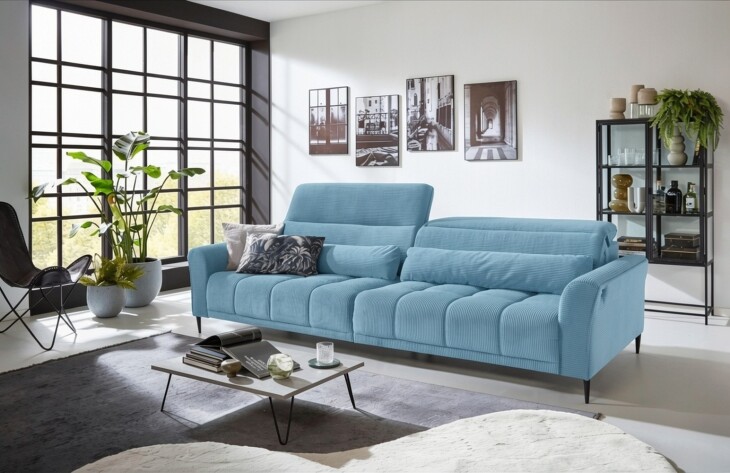 Big-Sofa >Wolve< 2x elektr. Verstellung, Fein-Cord blau - 280x108x118cm (BxHxT)