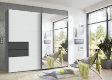 Schwebetürenschrank >palermo< in WEISS / SPIEGEL + GRAPHIT - 250x216x65 (BxHxT)