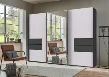 Schwebetürenschrank >palermo< in WEISS / SPIEGEL + GRAPHIT - 300x216x65 (BxHxT)
