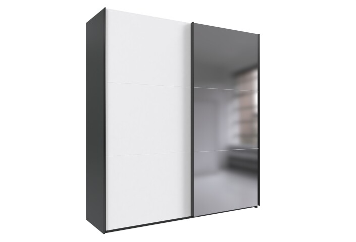 Schwebetürenschrank >palermo< in WEISS / SPIEGEL + GRAPHIT - 200x216x65 (BxHxT)