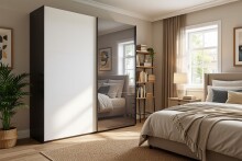 Schwebetürenschrank >palermo< in WEISS / SPIEGEL + GRAPHIT - 200x216x65 (BxHxT)