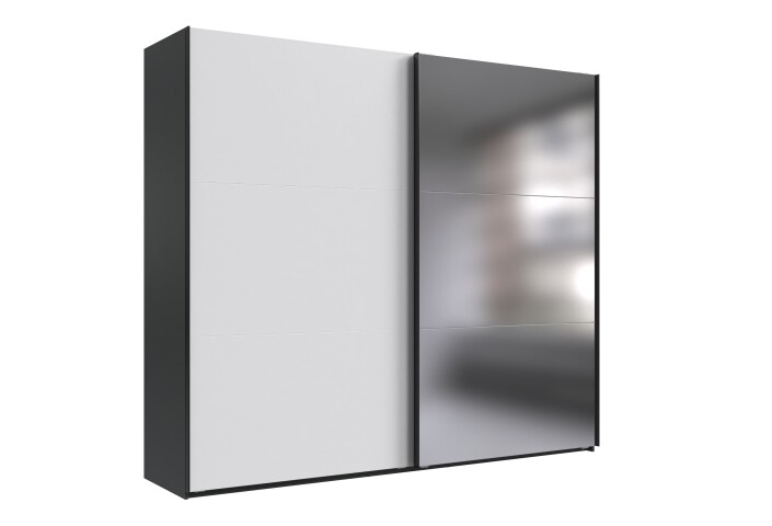 Schwebetürenschrank >palermo< in WEISS / SPIEGEL + GRAPHIT - 250x216x65 (BxHxT)