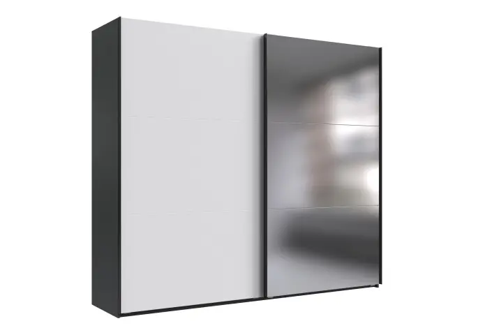 Schwebetürenschrank >palermo< in WEISS / SPIEGEL + GRAPHIT - 250x216x65 (BxHxT)