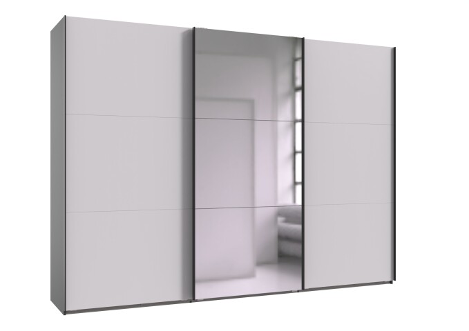 Schwebetürenschrank >palermo< in WEISS / SPIEGEL + GRAPHIT - 300x216x65 (BxHxT)