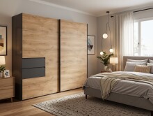Schwebetürenschrank >palermo< PLANKENEICHE DEKOR + GRAPHIT - 250x216x65cm (BxHxT)