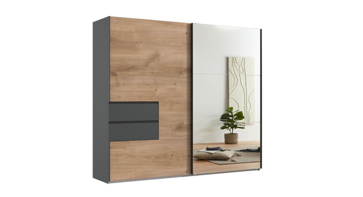Schwebetürenschrank >palermo< PLANKENEICHE Dekor / SPIEGEL - 250x216x65 (BxHxT)