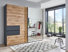 Schwebetürenschrank >palermo< PLANKENEICHE Dekor / SPIEGEL - 250x216x65 (BxHxT)