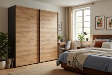 Schwebetürenschrank >palermo< in PLANKENEICHE DEKOR + GRAPHIT - 200x216x65cm (BxHxT)