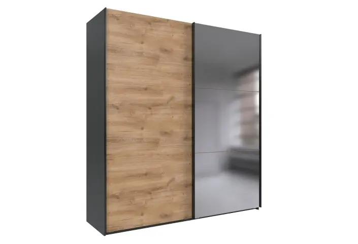 Schwebetürenschrank >palermo< PLANKENEICHE Dekor / Spiegel / Graphit - 200x216x65cm (BxHxT)