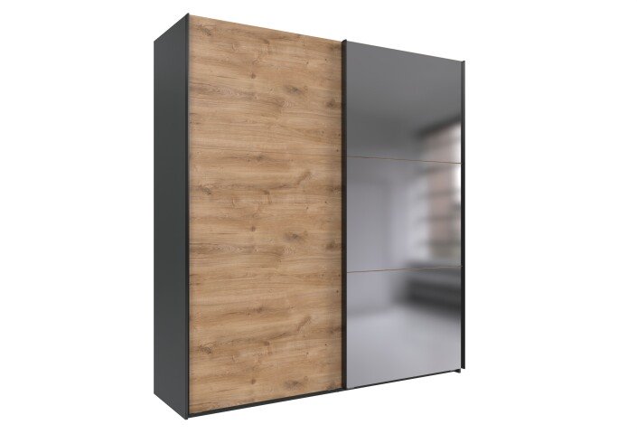 Schwebetürenschrank >palermo< PLANKENEICHE Dekor / Spiegel / Graphit - 200x216x65cm (BxHxT)