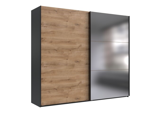 Schwebetürenschrank >palermo< PLANKENEICHE Dekor / Spiegel / GRAPHIT - 250x216x65cm (BxHxT)