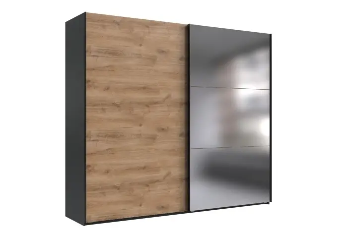 Schwebetürenschrank >palermo< PLANKENEICHE Dekor / Spiegel / GRAPHIT - 250x216x65cm (BxHxT)