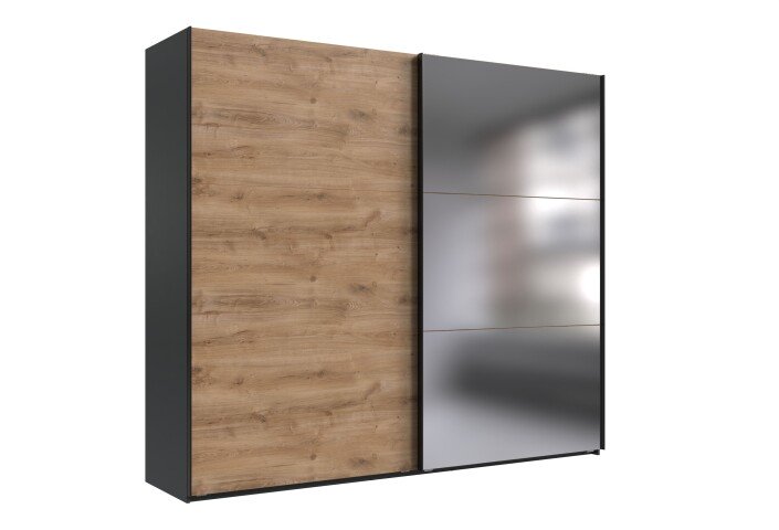 Schwebetürenschrank >palermo< PLANKENEICHE Dekor / Spiegel / GRAPHIT - 250x216x65cm (BxHxT)