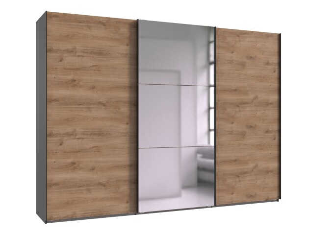 Schwebetürenschrank >palermo< PLANKENEICHE Dekor / Spiegel + GRAPHIT - 300x216x65 (BxHxT)