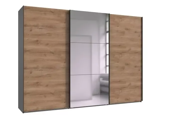 Schwebetürenschrank >palermo< PLANKENEICHE Dekor / Spiegel + GRAPHIT - 300x216x65 (BxHxT)