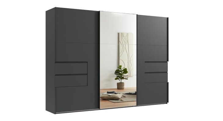 Schwebetürenschrank >palermo< in GRAPHIT / SPIEGEL - 300x216x65 (BxHxT)