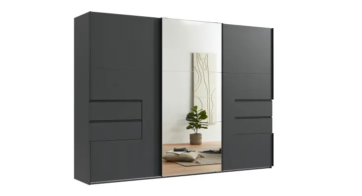 Schwebetürenschrank >palermo< in GRAPHIT / SPIEGEL - 300x216x65 (BxHxT)