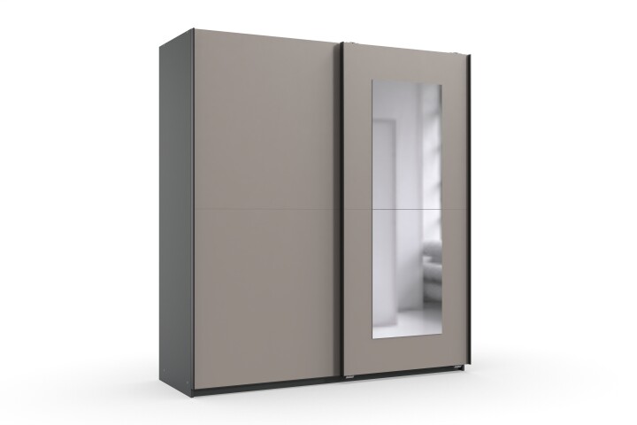 Schwebetürenschrank >DUNEN< in Saharagrau / Spiegel + Grafit - 180x198x65cm (BxHxT)