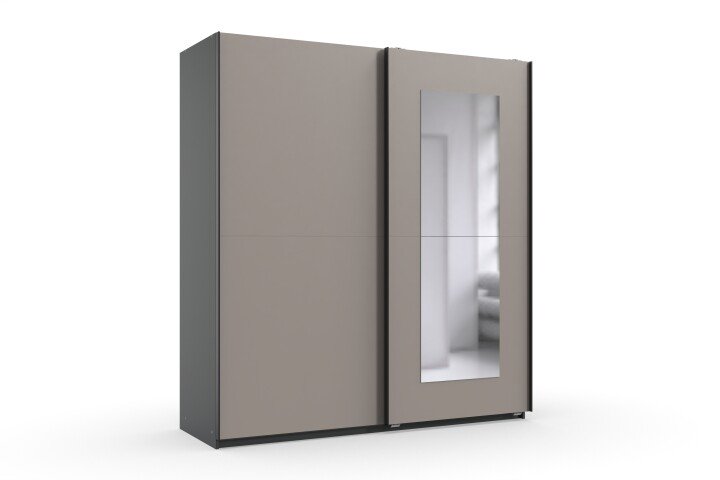 Schwebetürenschrank >DUNEN< in Saharagrau / Spiegel + Grafit - 180x198x65cm (BxHxT)