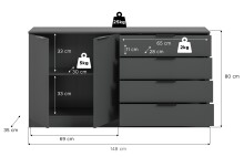 Sideboard >Kopenhagen< in Anthrazit - 148x79x35cm (BxHxT)