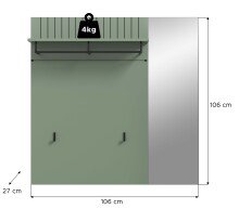 Garderobenpaneel >Station< in Smoke Green / Spiegelglas - 106x106x27cm (BxHxT)