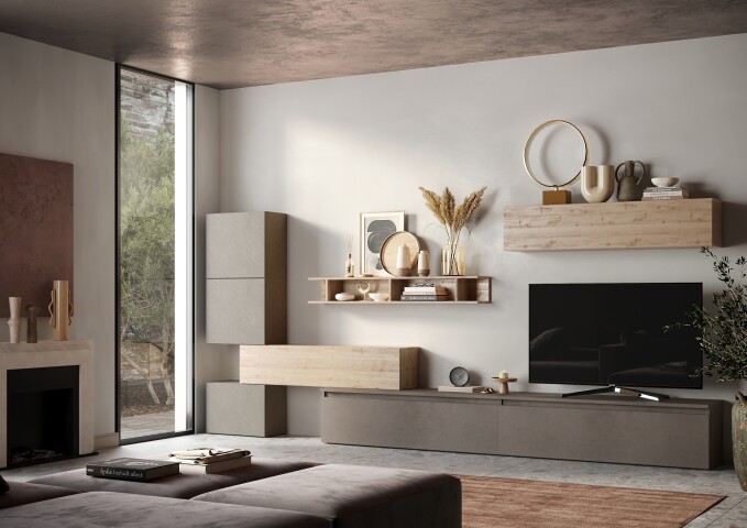 Wohnwand >Ilary< in Argilla / Bronzo / Eiche Cadiz Nachbildung, Holzwerkstoff