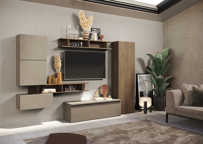 Wohnwand >Ilary< in Argilla / Mercure Holzstruktur Nachbildung, Holzwerkstoff