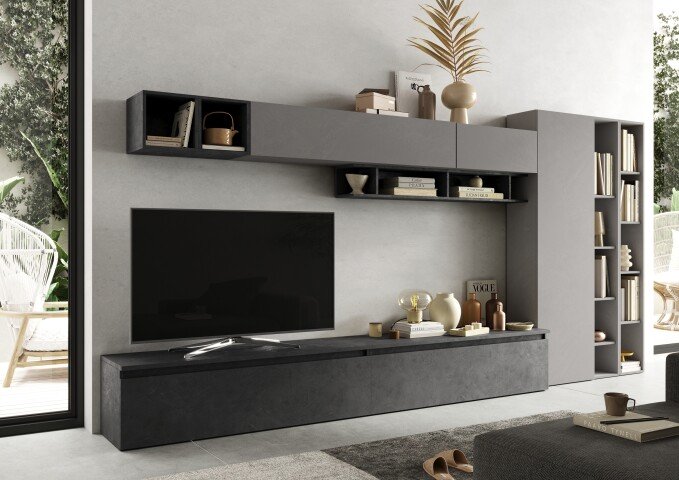 Wohnwand >Ilary< in Ardesia / Piombo, Holzwerkstoff - 387x186x40cm (BxHxT)