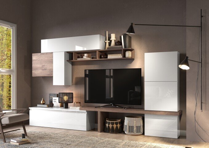 Wohnwand >Ilary< in Weiss Hochglanz Lack / Mercure Holzstruktur Nachbildung