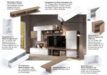 Wohnwand >Ilary< in Weiss Hochglanz Lack / Mercure Holzstruktur Nachbildung