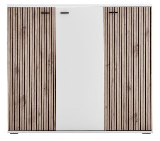 Schuhkommode >Menaro< in weiss / Viking Oak Dekor - 132x118x37 (BxHxT)