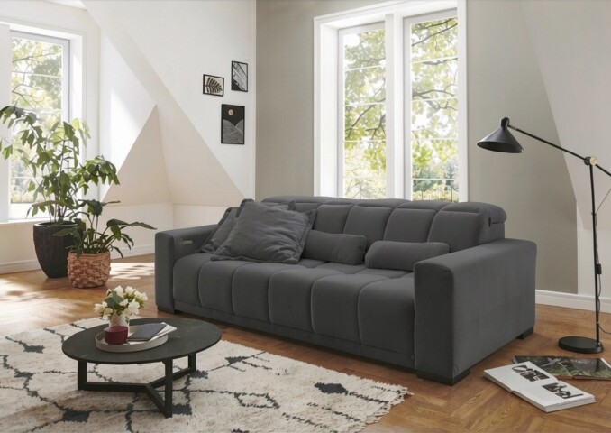 Big-Sofa >Maggy< Sitztiefen- / Kopfteilverstellung, Cord dunkelgrau - 242x110x121cm (BxHxT)