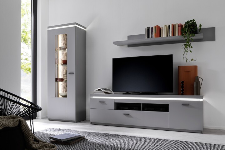 Wohnwand >Sona< in Arktis grau, Holzwerkstoff - 280x198x44cm (BxHxT)