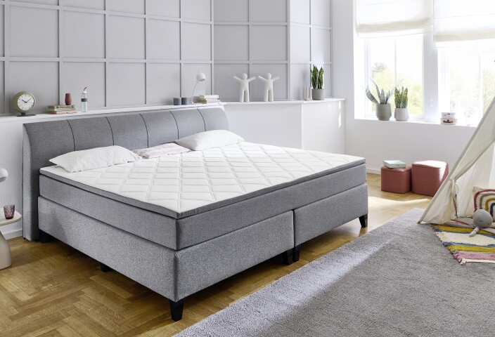 Boxspringbett >Marji< Familienbett in grau, Webstoff - 256x108x218cm (BxHxT)