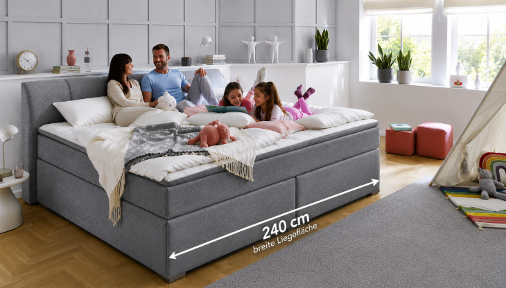 Boxspringbett >Marji< Familienbett in grau, Webstoff - 256x108x218cm (BxHxT)