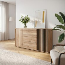 Sideboard >ARANK< in Mauvella Eiche / Schwarz - 162,5x84,9x41,7cm (BxHxT)