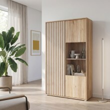 Stauraumvitrine >ARANK< in Mauvella Eiche/ Sand - 93,1x161,7x41,7cm (BxHxT)