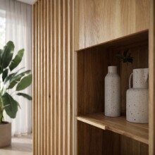 Stauraumvitrine >ARANK< in Mauvella Eiche/ Sand - 93,1x161,7x41,7cm (BxHxT)