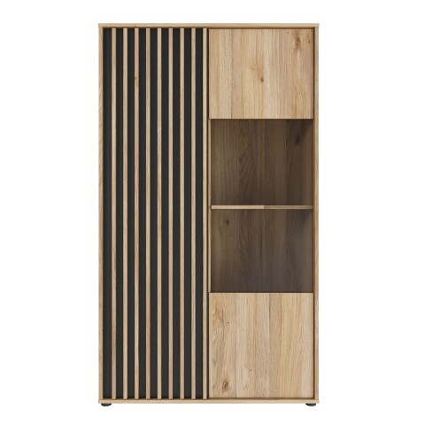 Stauraumvitrine >ARANK< in Mauvella Eiche / Schwarz - 93,1x161,7x41,7cm (BxHxT)