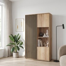 Stauraumvitrine >ARANK< in Mauvella Eiche / Schwarz - 93,1x161,7x41,7cm (BxHxT)