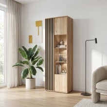 Vitrine >ARANK< in Mauvella Eiche / Schwarz - 63,4x200,1x41,7cm (BxHxT)