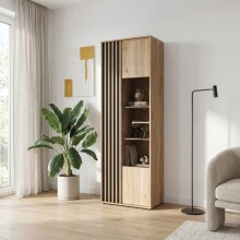 Vitrine >ARANK< in Mauvella Eiche / Schwarz - 63,4x200,1x41,7cm (BxHxT)