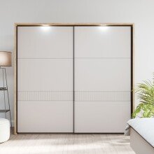 Schiebetürenschrank >SERAVEL< in Mauvella Eiche Dekor / Sand - 231,1x215,9x63,8cm (BxHxT)