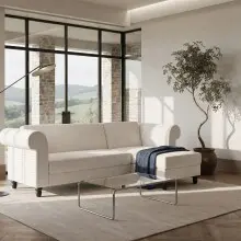 Ecksofa >Firenze II< in Creme-Weiß, Samt-Cord - 241x83x154cm (BxHxT)